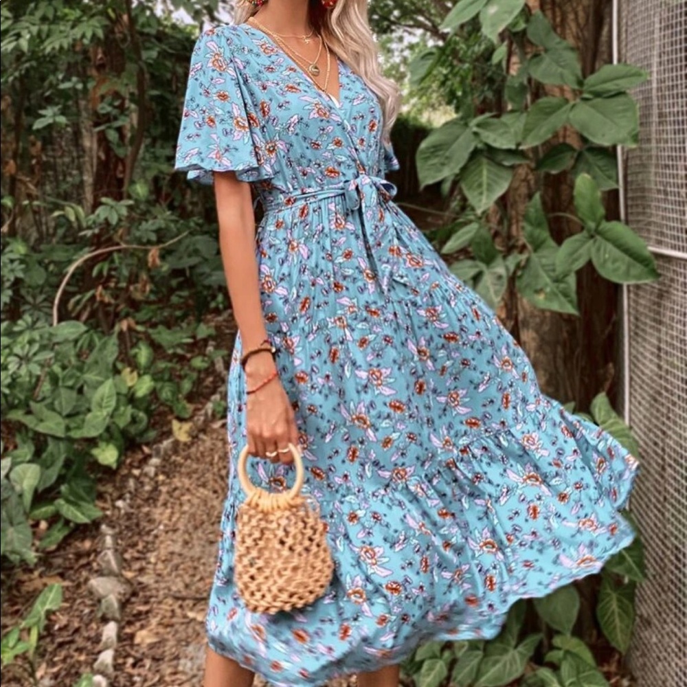 Boho floral ruffle hem belted dress - Picture 1 of 14
